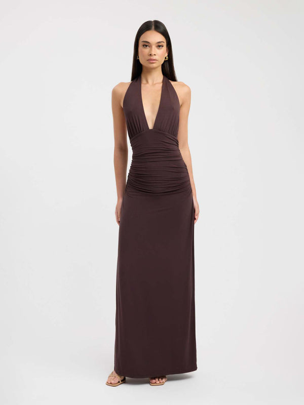 Sexy halterneck deep V-neck halter-back slit solid color maxi dress
