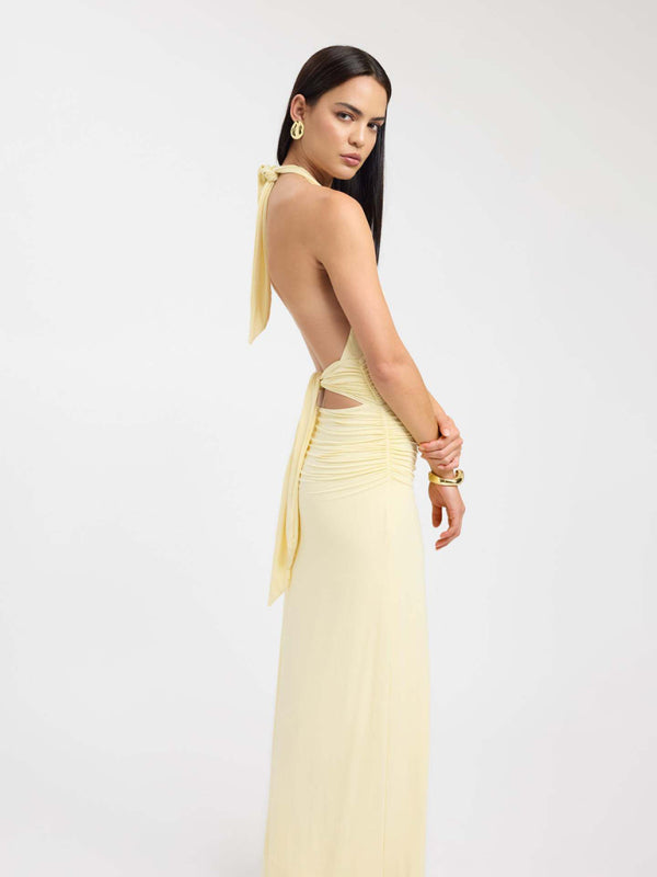 Sexy halterneck deep V-neck halter-back slit solid color maxi dress