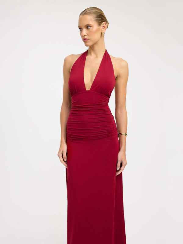 Sexy halterneck deep V-neck halter-back slit solid color maxi dress